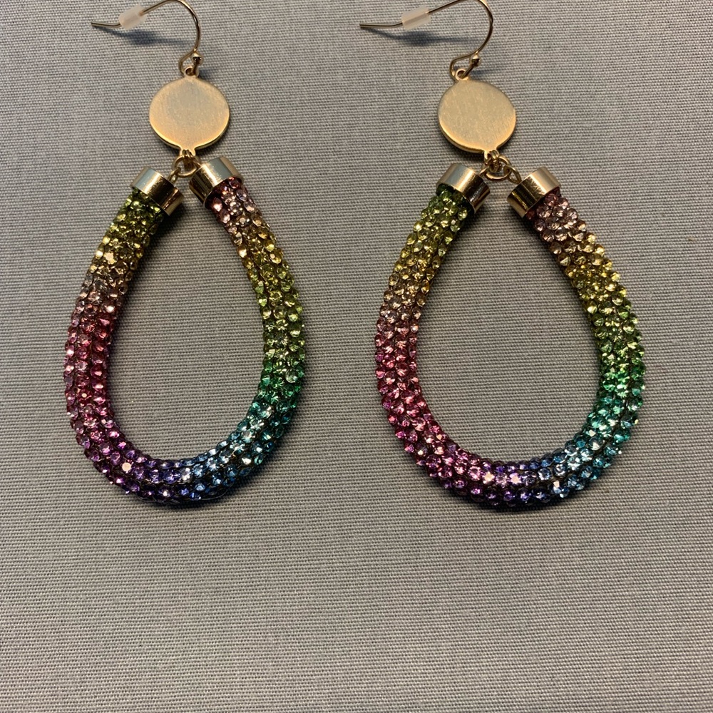 Rainbow crystal pave drop earrings, new without tags